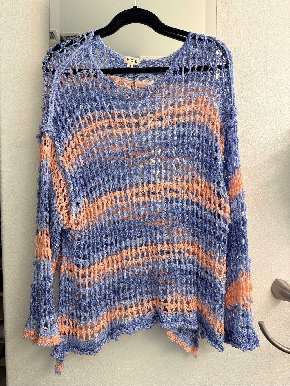 POL Open-Knit Striped Crew Sweater in Lavender & Peach